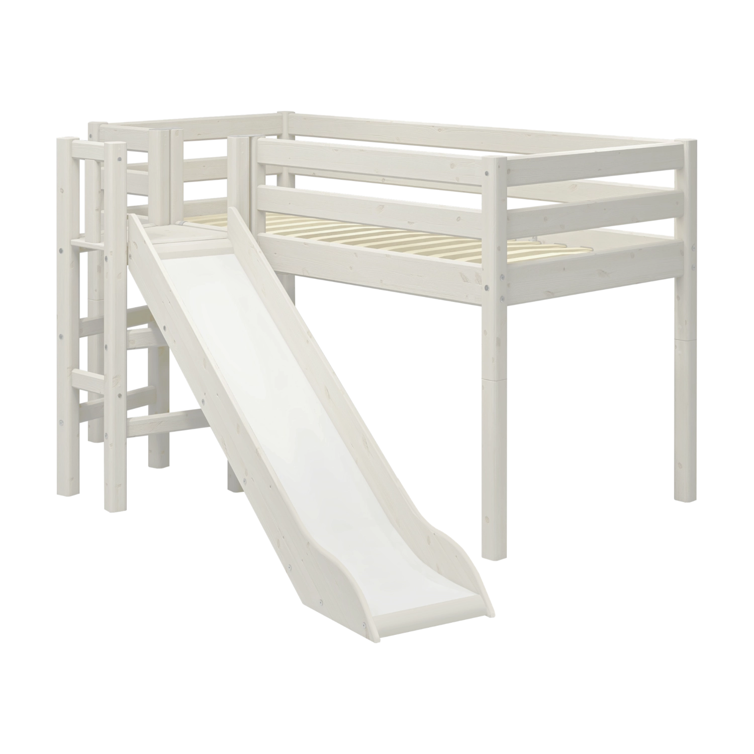 FLEXA-Hochbett aus der CLASSIC-Serie in Weiß, 90 x 200 cm, mit Rutsche und Sicherheitsgitter, abgebildet in einem Kinderzimmer.