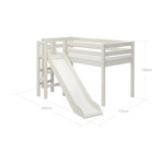 FLEXA WHITE Hochbett aus der CLASSIC-Kollektion mit Rutsche, Leiter und sichtbarer Sicherheitsleiste in einem Kinderzimmer.