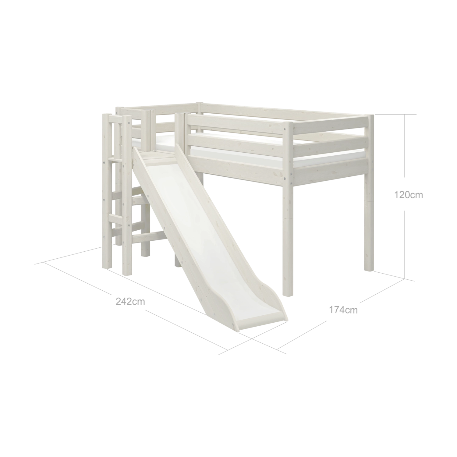 FLEXA WHITE Hochbett aus der CLASSIC-Kollektion mit Rutsche, Leiter und sichtbarer Sicherheitsleiste in einem Kinderzimmer.