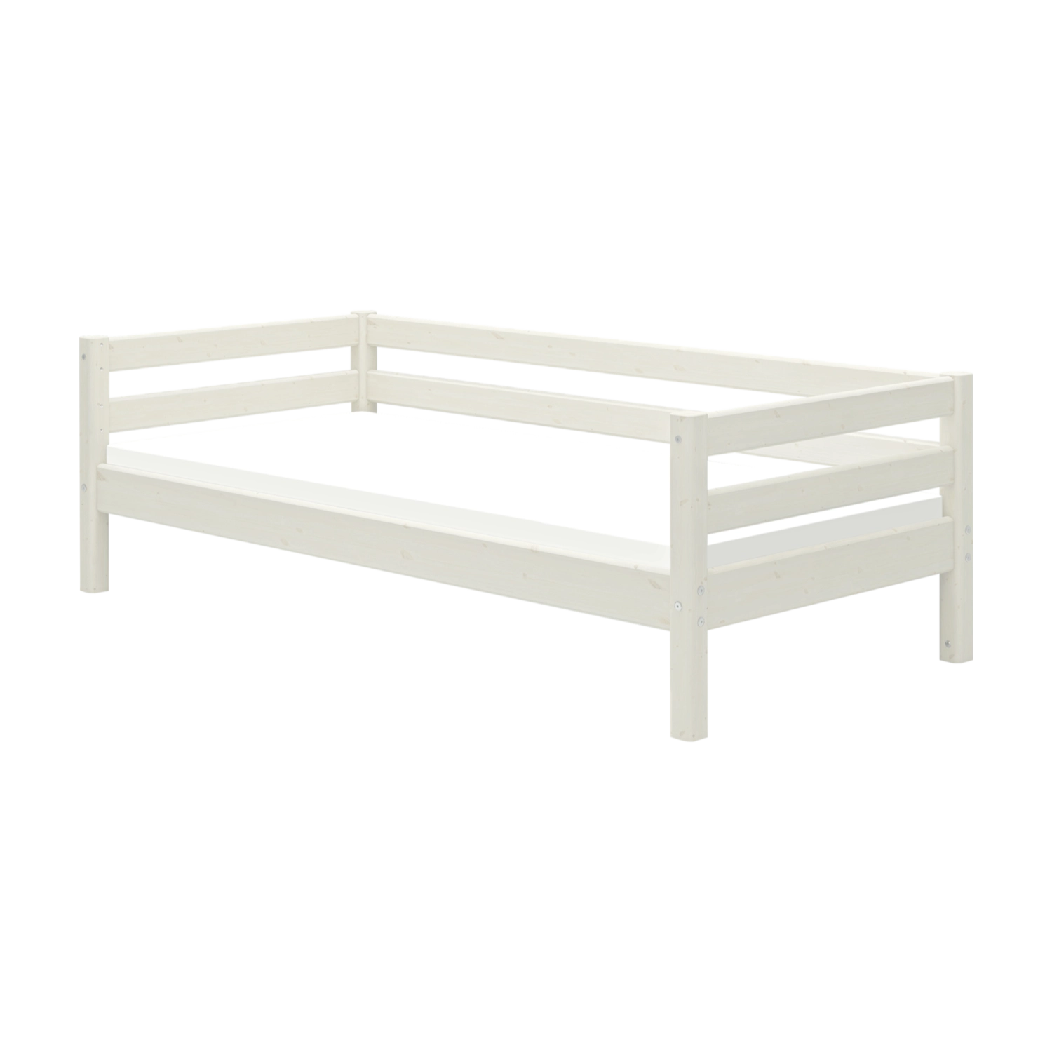 Rampe de sécurité blanche FLEXA sur toute la longueur, 200 cm, de la collection CLASSIC, présentée vide et sécurisée pour les enfants sur un fond blanc.