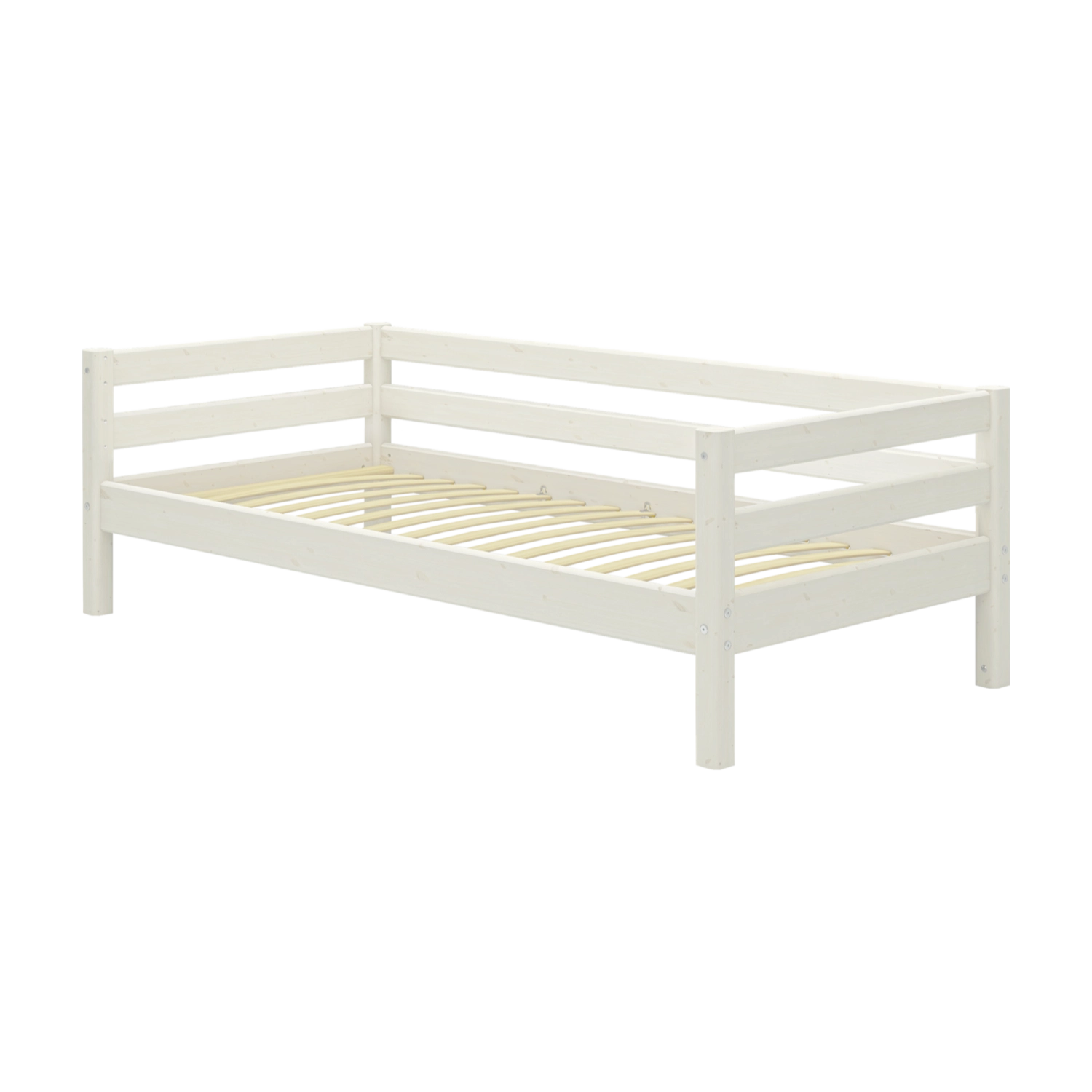 FLEXA Einzelbett in Weiß, Kollektion CLASSIC, mit drei Seitengittern und Lattenrost; kindersicher für Kinderzimmer.