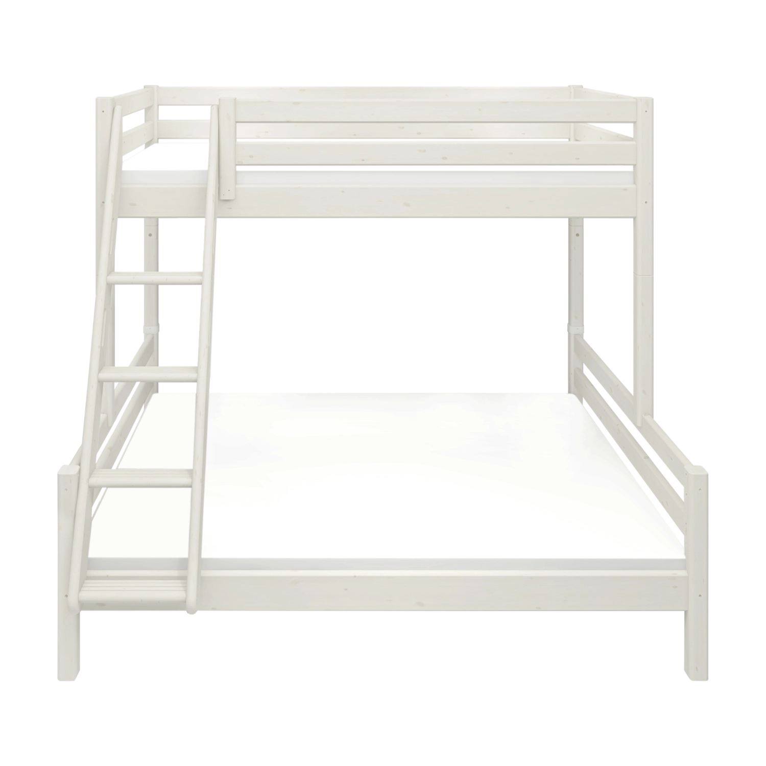 FLEXA FAMILY white pine bunk bed with ladder and safety rail, shown in a child’s room with Scandinavian design features.
