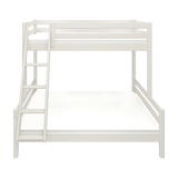 FLEXA FAMILY white pine bunk bed with ladder and safety rail, shown in a child’s room with Scandinavian design features.