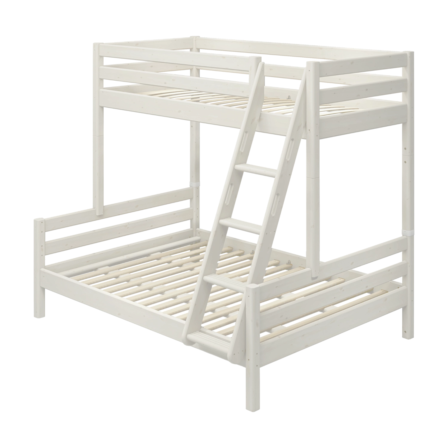 FLEXA-Leiter für ein schräges Etagenbett in Weiß, auffälliges, robustes und kindersicheres Design, abgebildet in einem Kinderzimmer.