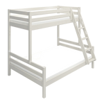 FLEXA FAMILY white bunk bed with slanted ladder and safety rail, shown in kids’ room, child-safe design visible.