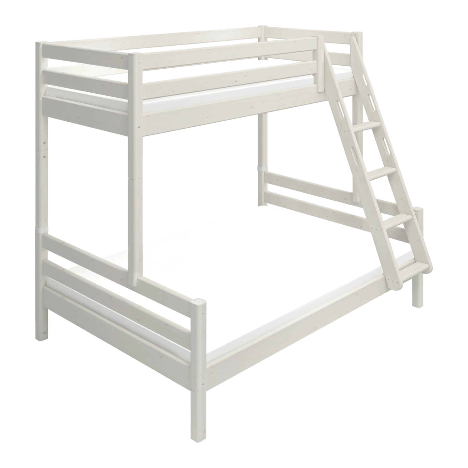 FLEXA FAMILY white bunk bed with slanted ladder and safety rail, shown in kids’ room, child-safe design visible.