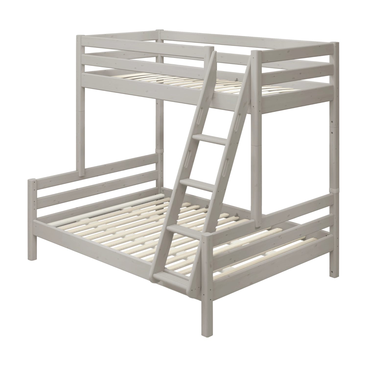 FLEXA graue, schräg verlaufende Etagenbettleiter aus massivem Kiefernholz mit rutschfesten Stufen, kindersicheres Design für das Kinderzimmer.
