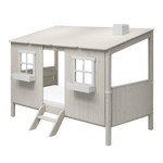 Structure de maison FLEXA WHITE pour lits simples et lits mezzanine, avec deux fenêtres, une échelle et un toit en pente, présentée dans une chambre denfant.