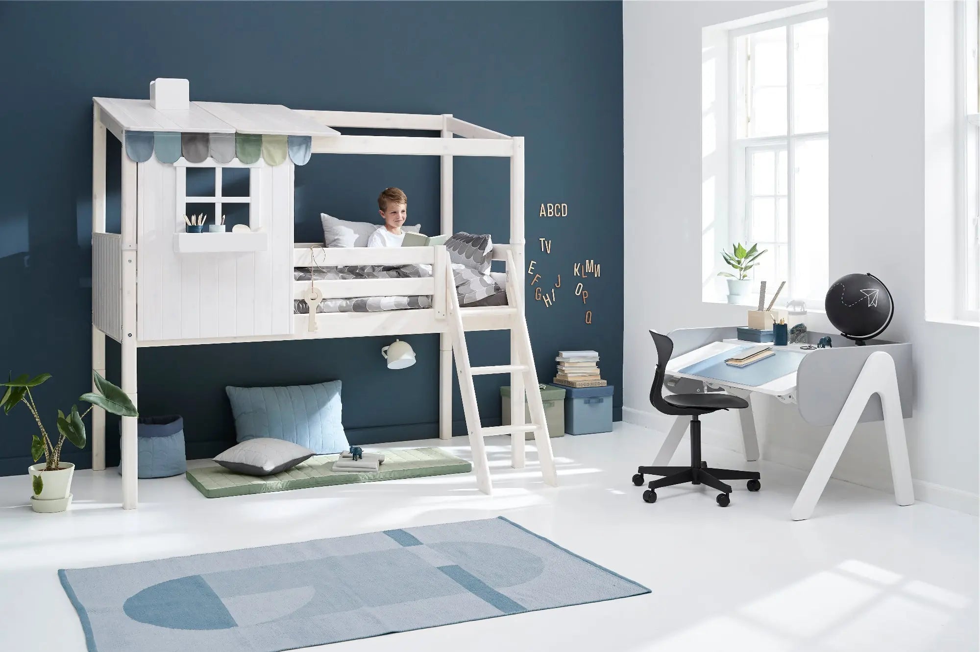 Mid-High Bed with 1/2 House, Ladder and Safety Rail, 90x200 cm, White MID_HIGH-BED mid-high-bed-w-1-2-classic-house-white-washed-white-washed-white-1  flexa-com.myshopify.com