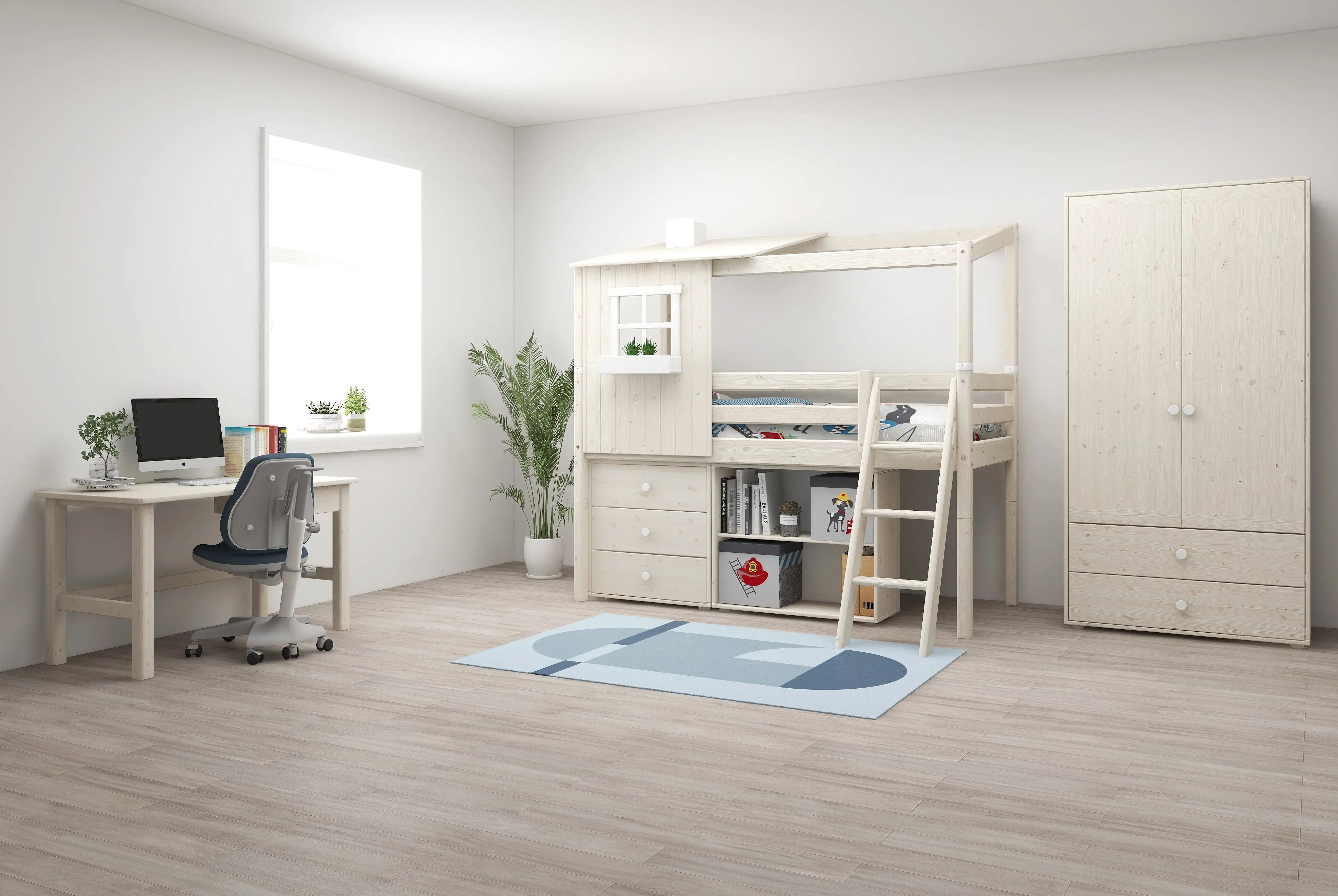 Mid-High Bed with 1/2 House, Ladder and Safety Rail, 90x200 cm, White MID_HIGH-BED mid-high-bed-w-1-2-classic-house-white-washed-white-washed-white-1  flexa-com.myshopify.com