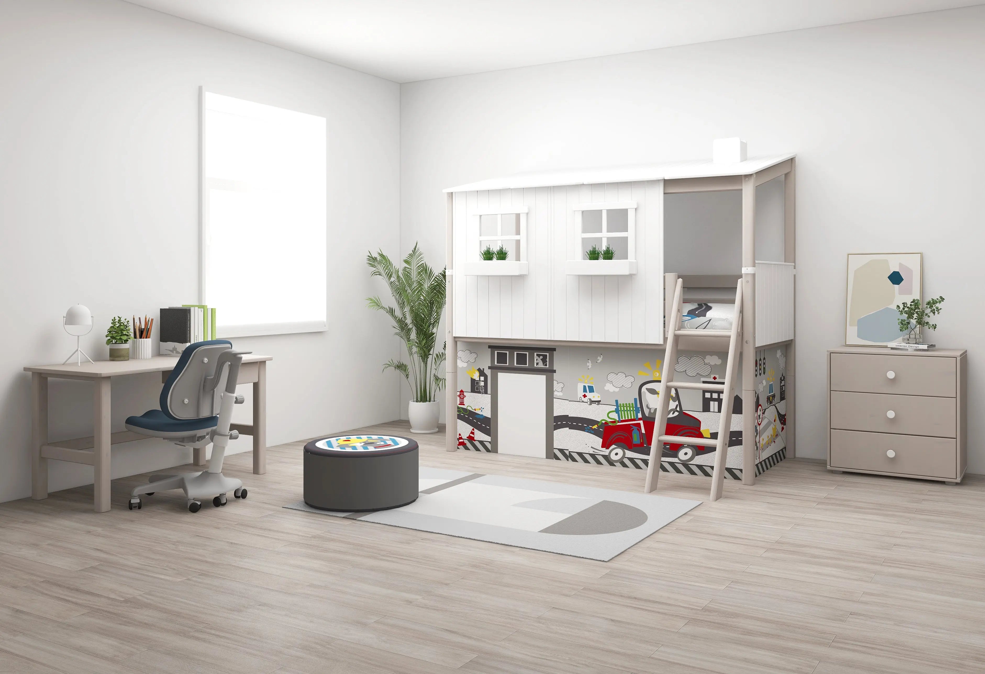 Mid-High Bed with House and Ladder, 90x200 cm, White/Grey MID_HIGH-BED mid-high-bed-w-classic-house-grey-washed-white  flexa-com.myshopify.com