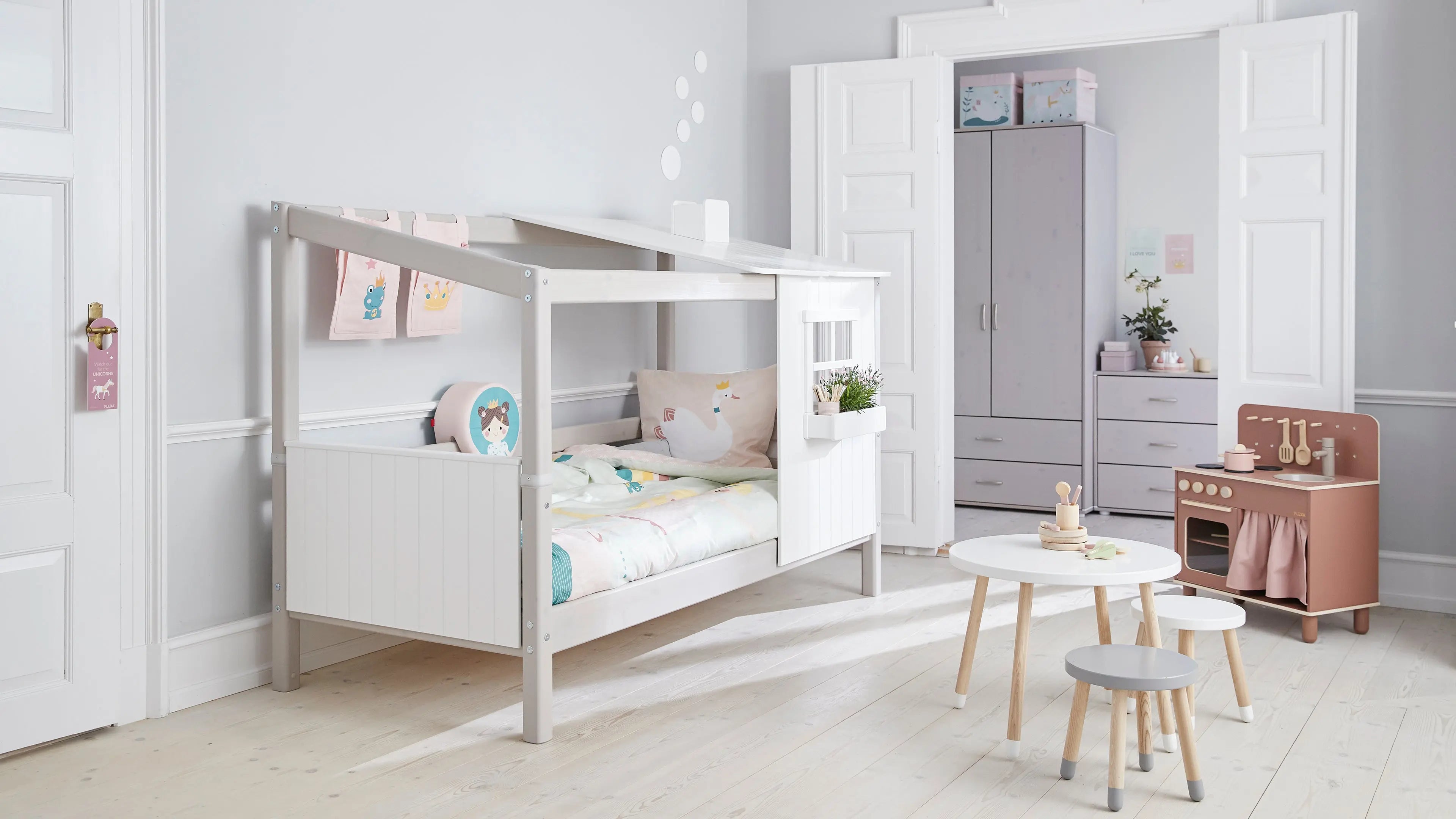 Single Bed with 1/2 House, 90x200 cm, White/Grey SINGLE_BED single-bed-w-1-2-classic-house-grey-washed-white-1  flexa-com.myshopify.com