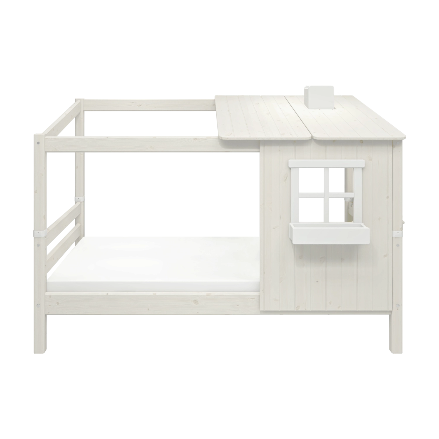 FLEXA Einzelbett im Spielhausstil aus der WHITE-Kollektion, weißes Holz mit Leiter, kindersicher, abgebildet in einem Kinderzimmer.