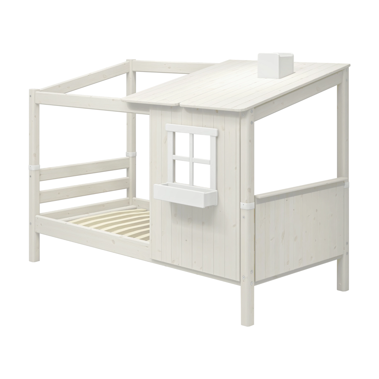 FLEXA WHITE Einzelbett, „1/2 Haus“-Design mit Leiter, Lattenrost und Fenster, kindersichere Details, im Kinderzimmer.