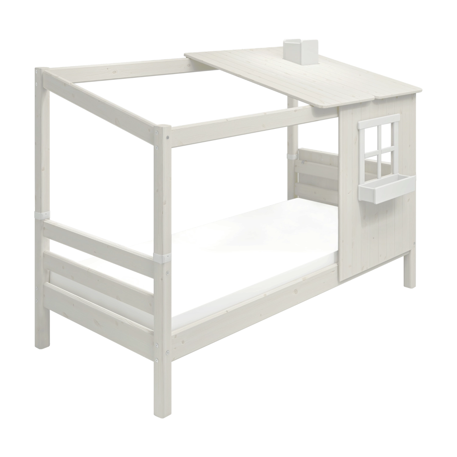 FLEXA Classic – weißes Einzelbett mit Leiter, Halbhaus-Rahmen und Fenster, kindersicher; abgebildet in einem Kinderzimmer.