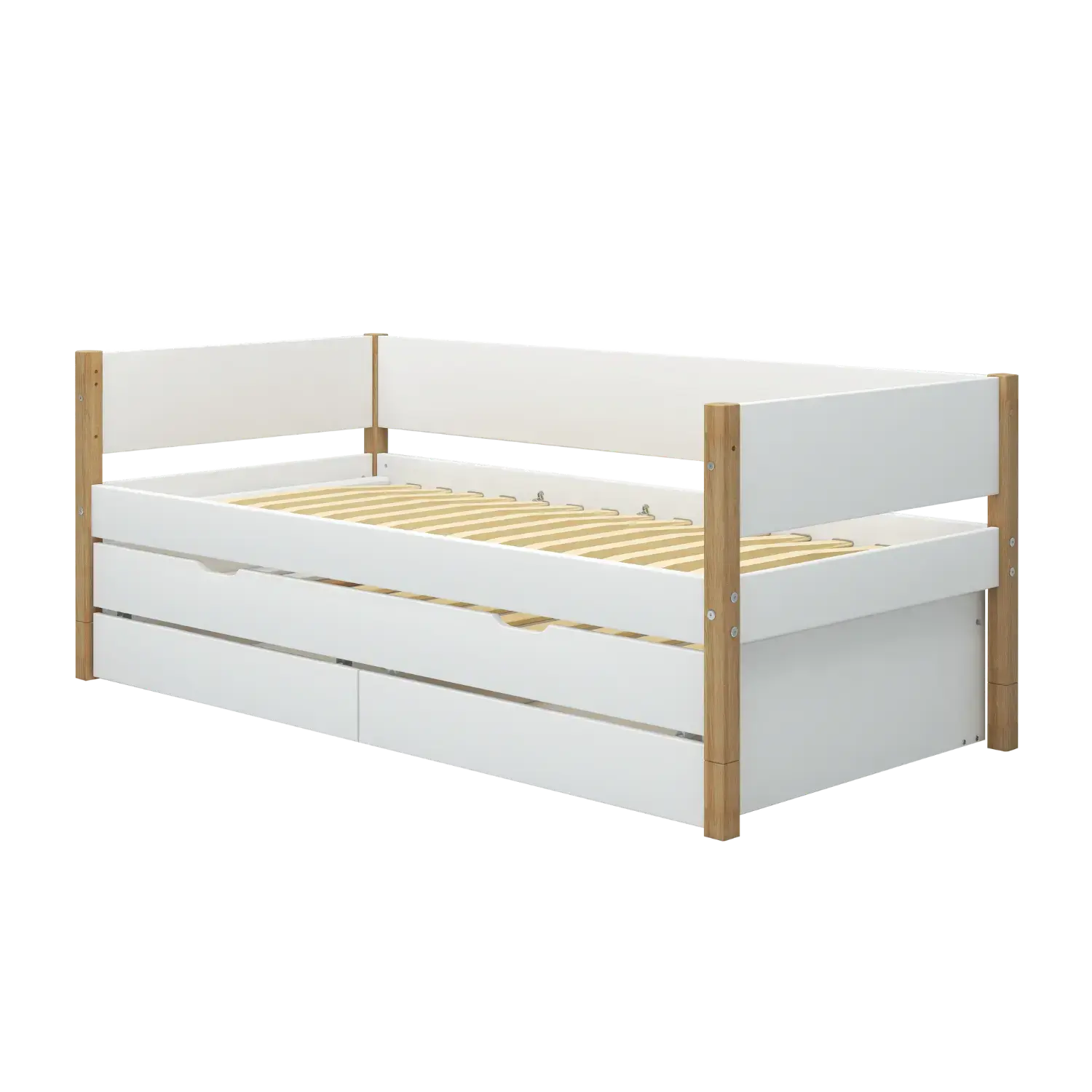 Single Bed with Storage and Pull-out Bed, 90x200 cm, White/Oak SINGLE_BED daybed-with-guest-bed-and-2-drawers-white-oak-1  flexa-com.myshopify.com