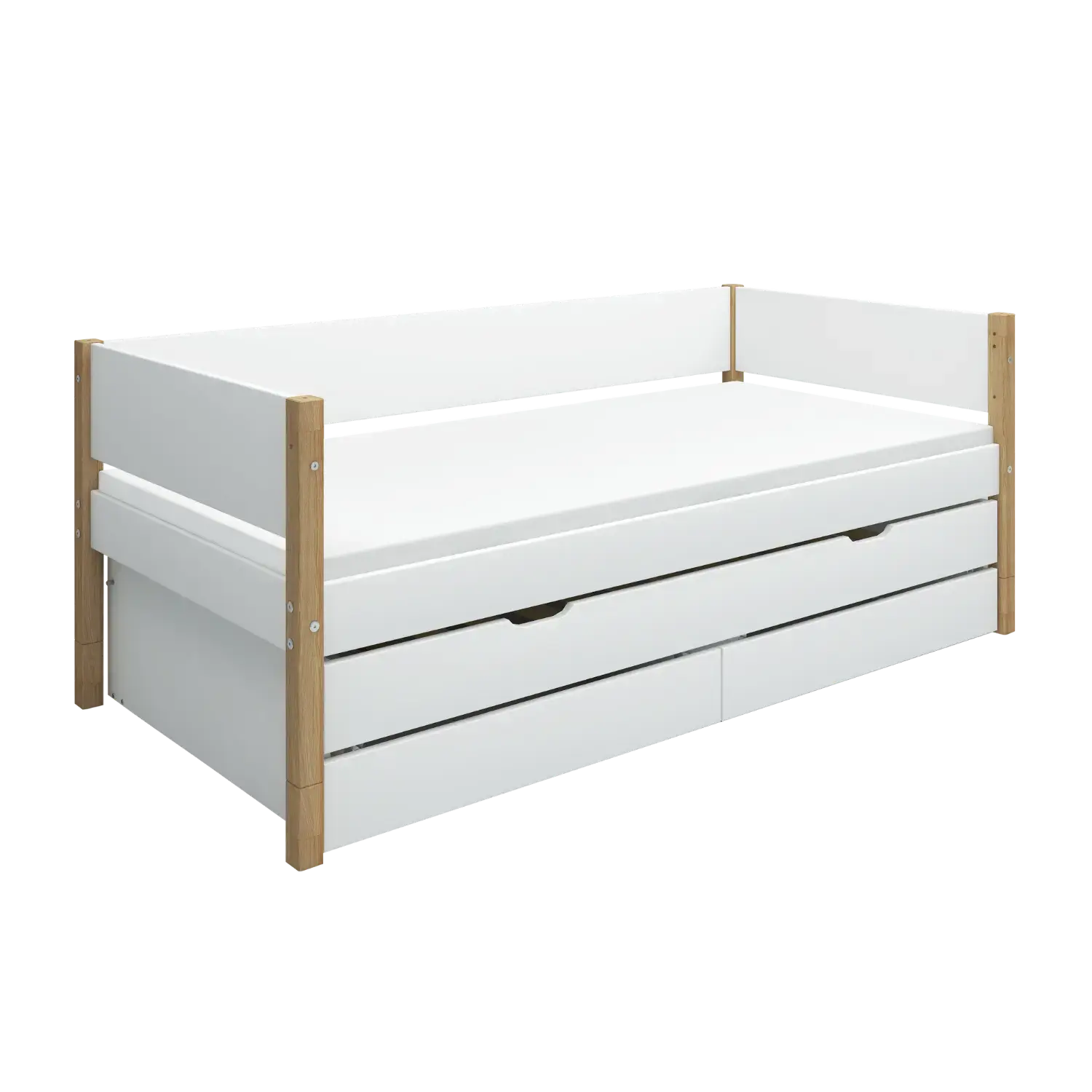 Single Bed with Storage and Pull-out Bed, 90x200 cm, White/Oak SINGLE_BED daybed-with-guest-bed-and-2-drawers-white-oak-1  flexa-com.myshopify.com
