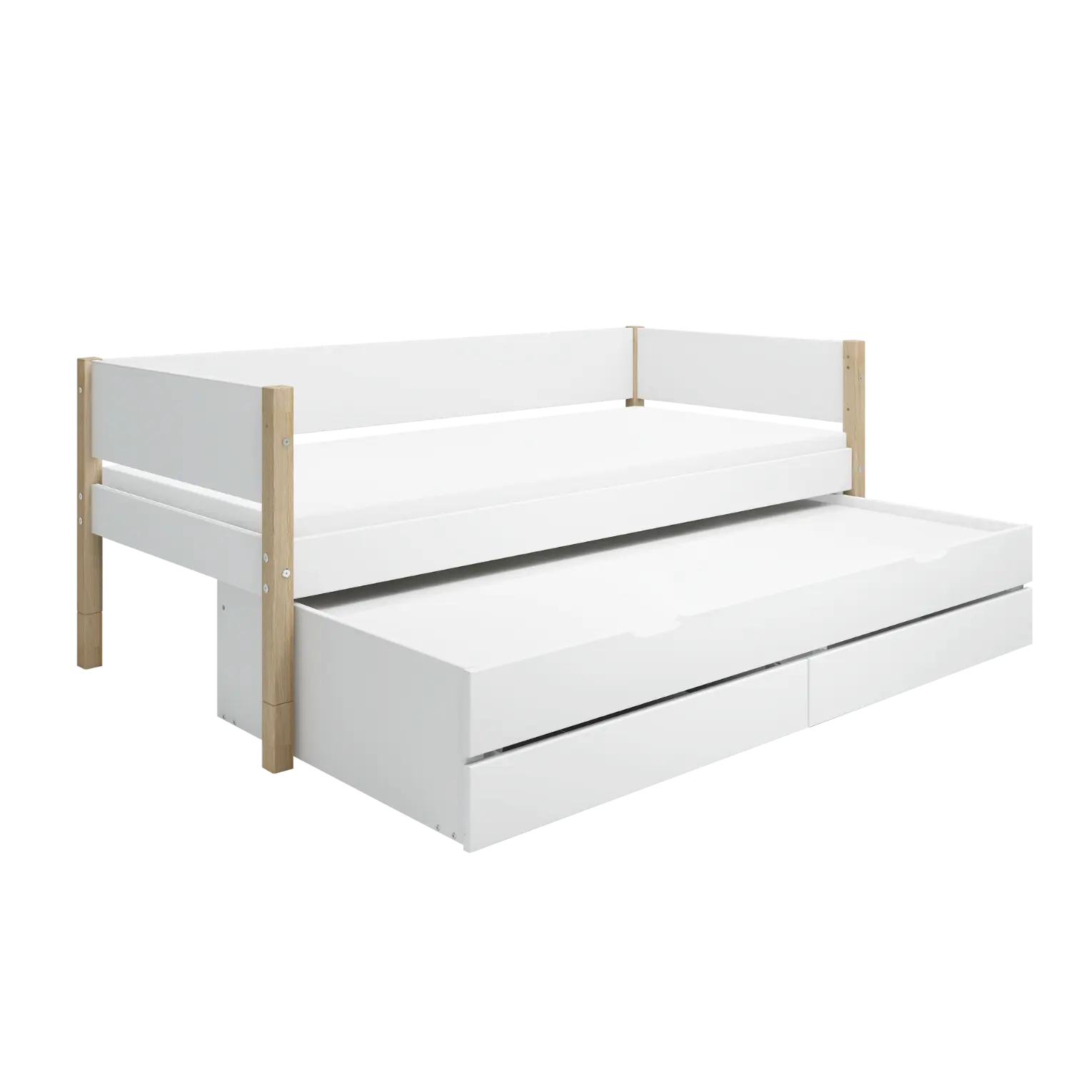 Single Bed with Storage and Pull-out Bed, 90x200 cm, White/Oak SINGLE_BED daybed-with-guest-bed-and-2-drawers-white-oak-1  flexa-com.myshopify.com