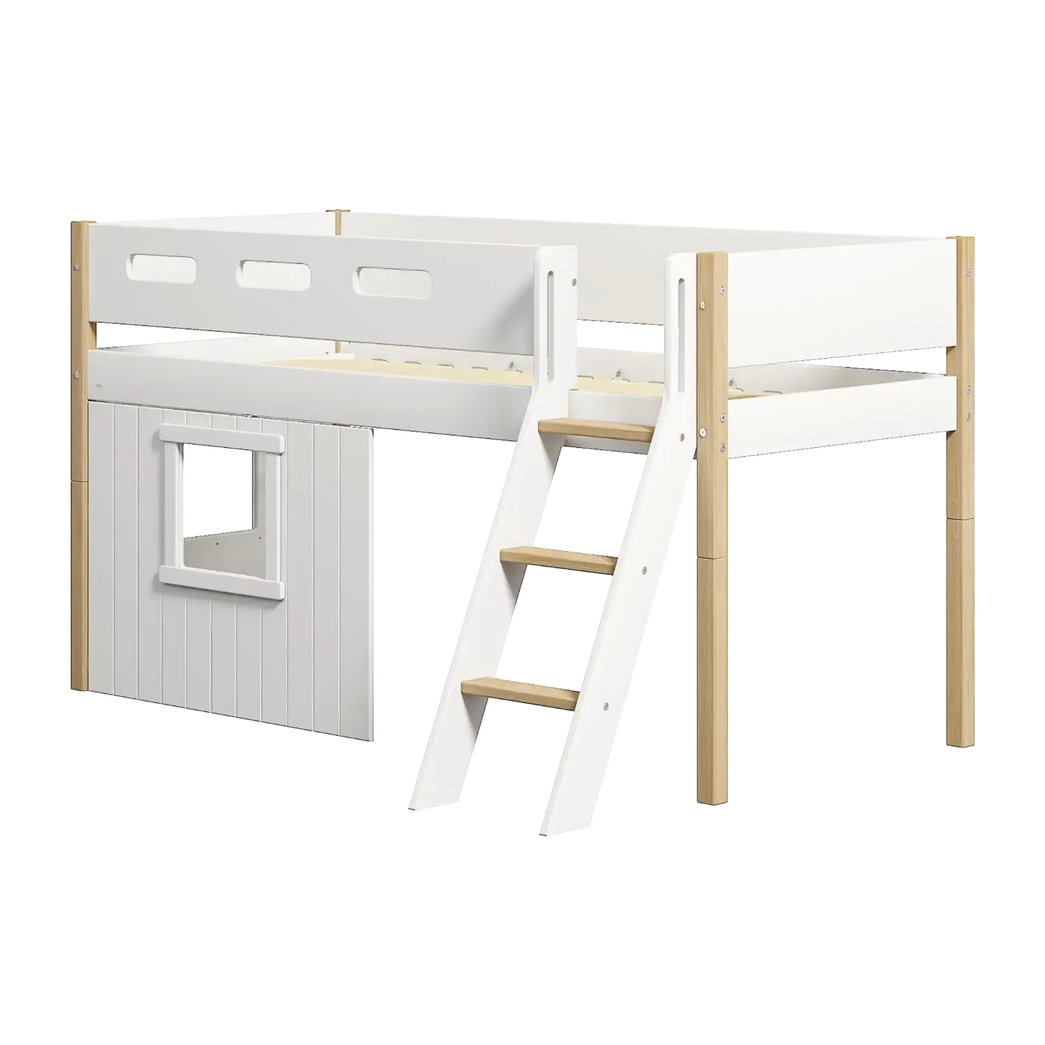 High Bed 120 cm with Treehouse, Ladder and Safety Rail, 90x200 cm, White/Oak MID_HIGH-BED mid-high-bed-sl-ladder-treehouse-bed-fronts-white-frame-white-oak  flexa-com.myshopify.com