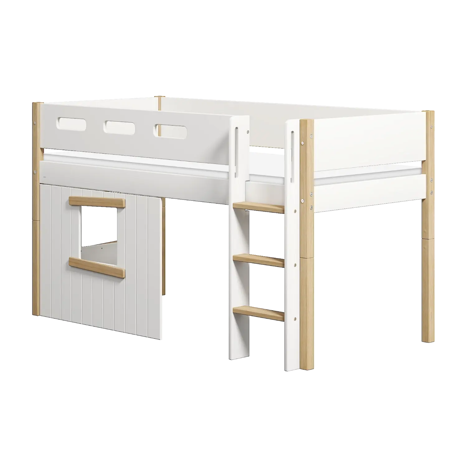 High Bed 120 cm with Treehouse, Ladder and Safety Rail, 90x200 cm, White/Oak MID_HIGH-BED mid-high-bed-str-ladder-treehouse-bed-fronts-oak-frame-white-oak  flexa-com.myshopify.com