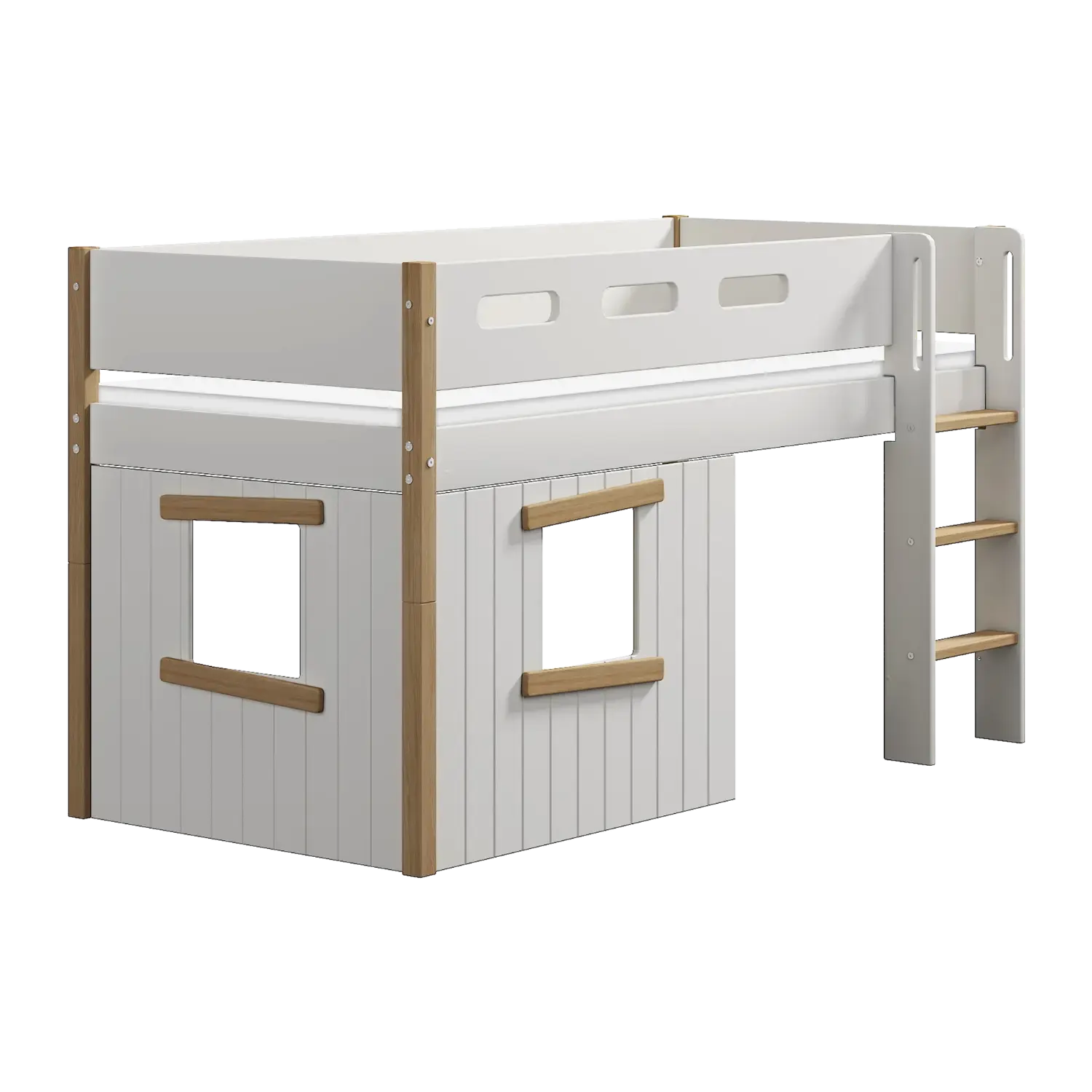 High Bed 120 cm with Treehouse, Ladder and Safety Rail, 90x200 cm, White/Oak MID_HIGH-BED mid-high-bed-str-ladder-treehouse-bed-fronts-oak-frame-white-oak  flexa-com.myshopify.com