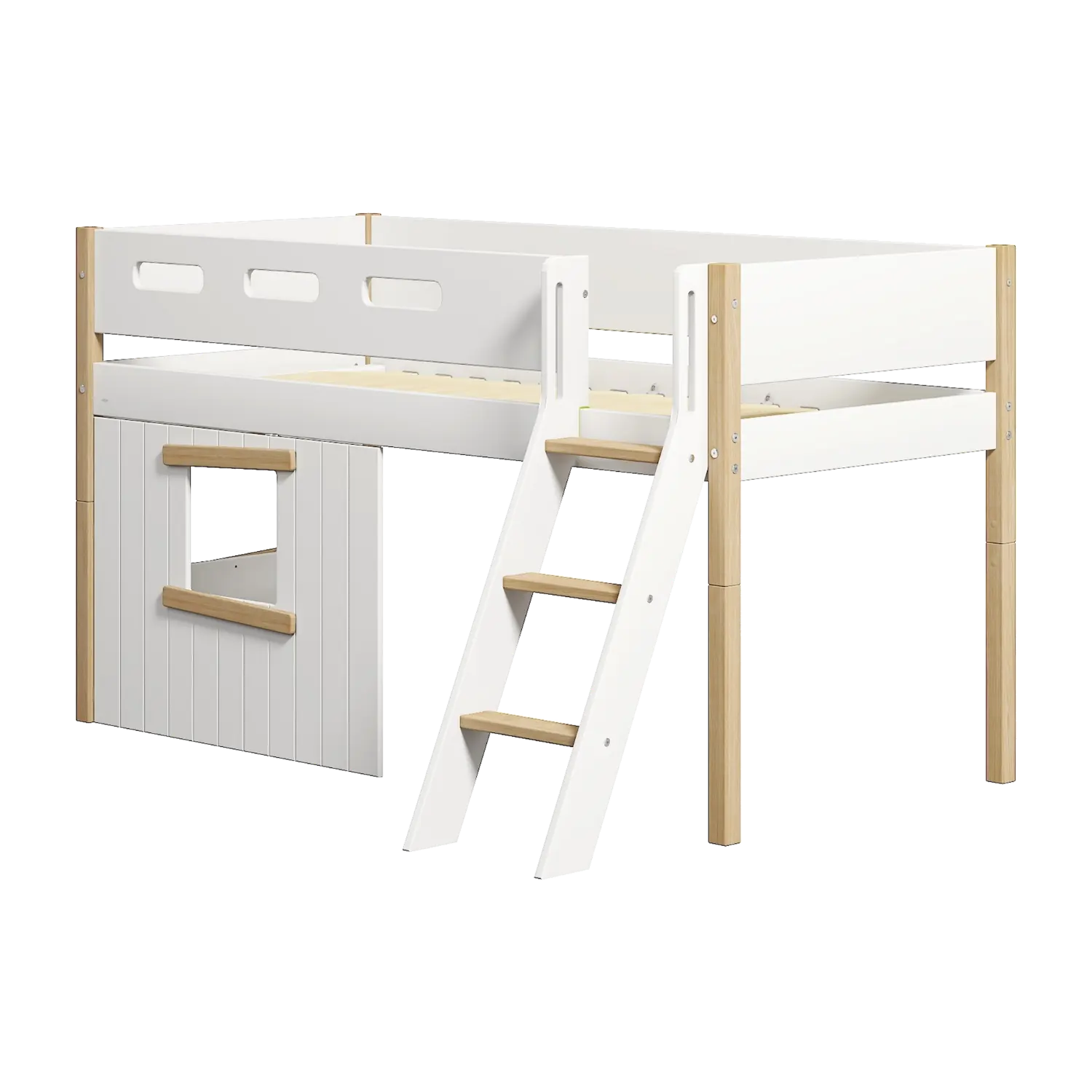 High Bed 120 cm with Treehouse, Ladder and Safety Rail, 90x200 cm, White/Oak MID_HIGH-BED mid-high-bed-sl-ladder-treehouse-bed-fronts-oak-frame-white-oak  flexa-com.myshopify.com
