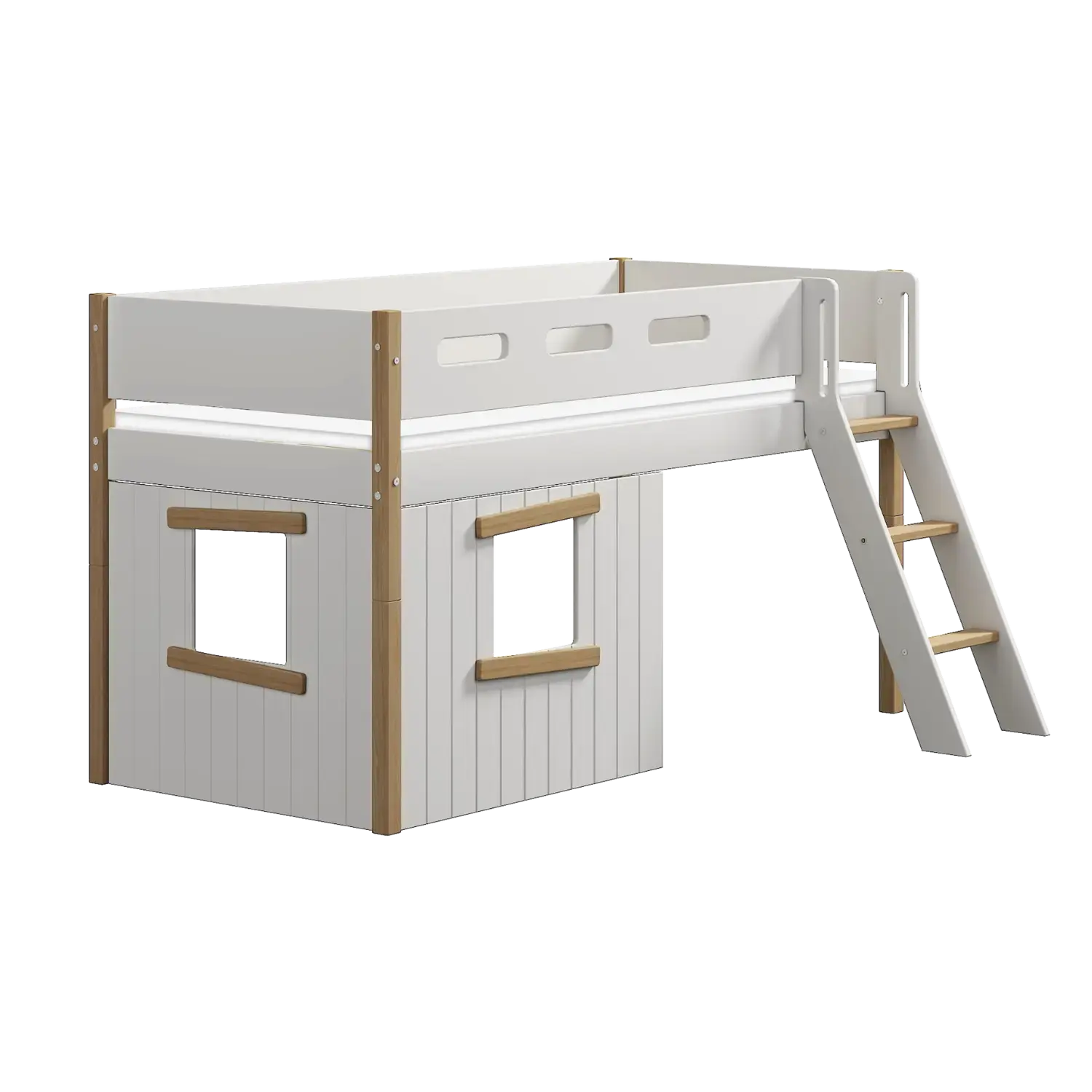 High Bed 120 cm with Treehouse, Ladder and Safety Rail, 90x200 cm, White/Oak MID_HIGH-BED mid-high-bed-sl-ladder-treehouse-bed-fronts-oak-frame-white-oak  flexa-com.myshopify.com