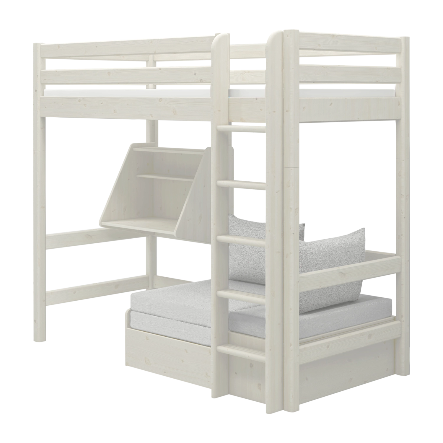 FLEXA bed from WHITE collection with sofa, desk, ladder and safety rail in a teen room; child-safe design visible.