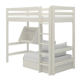 FLEXA bed from WHITE collection with sofa, desk, ladder and safety rail in a teen room; child-safe design visible.