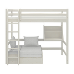FLEXA WHITE high bed with ladder, desk, safety rail and lower sofa in a teen room; child-safe design features visible.