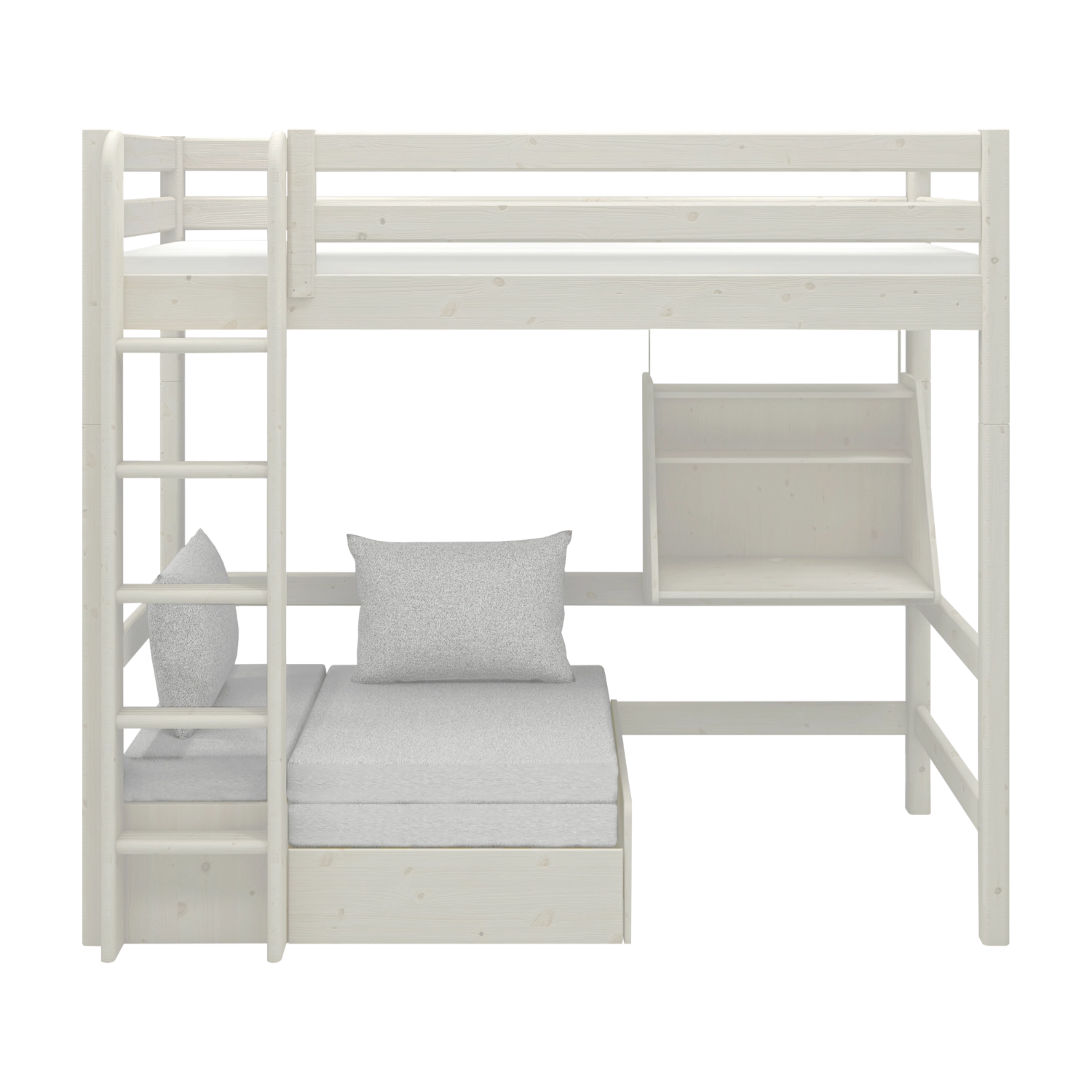 FLEXA WHITE high bed with ladder, desk, safety rail and lower sofa in a teen room; child-safe design features visible.