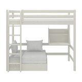 FLEXA WHITE high bed with ladder, desk, safety rail and lower sofa in a teen room; child-safe design features visible.