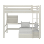 FLEXA white high bed with sofa, desk, ladder and safety rail; child-safe design for teen’s bedroom.