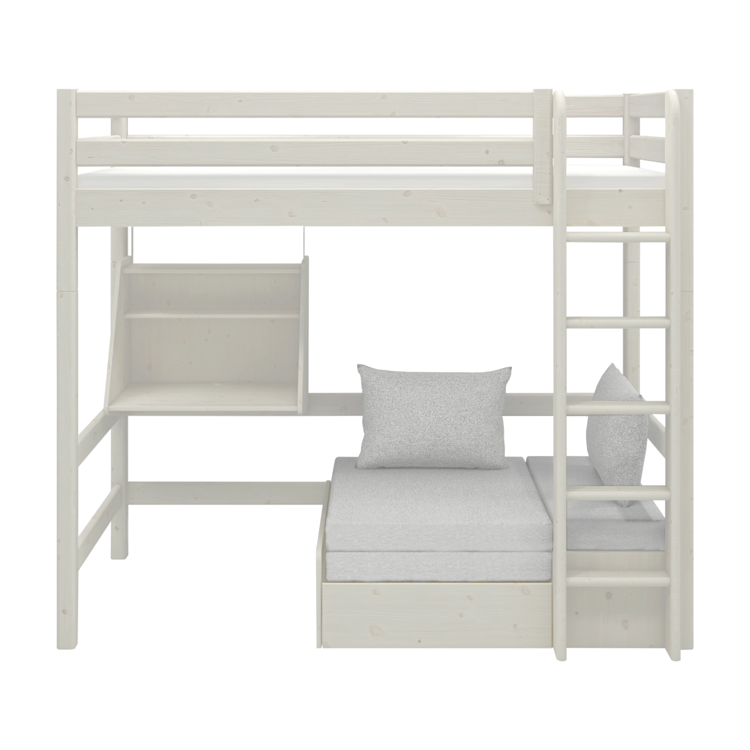 FLEXA white high bed with sofa, desk, ladder and safety rail; child-safe design for teen’s bedroom.