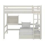 FLEXA white high bed with sofa, desk, ladder and safety rail; child-safe design for teen’s bedroom.