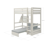 FLEXA high bed from CLASSIC collection in white, with ladder, desk, sofa, and safety rail shown in a child’s bedroom.