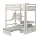 FLEXA WHITE collection high sleeper bed with ladder, desk, sofa bed, and safety rail; child’s room setting.