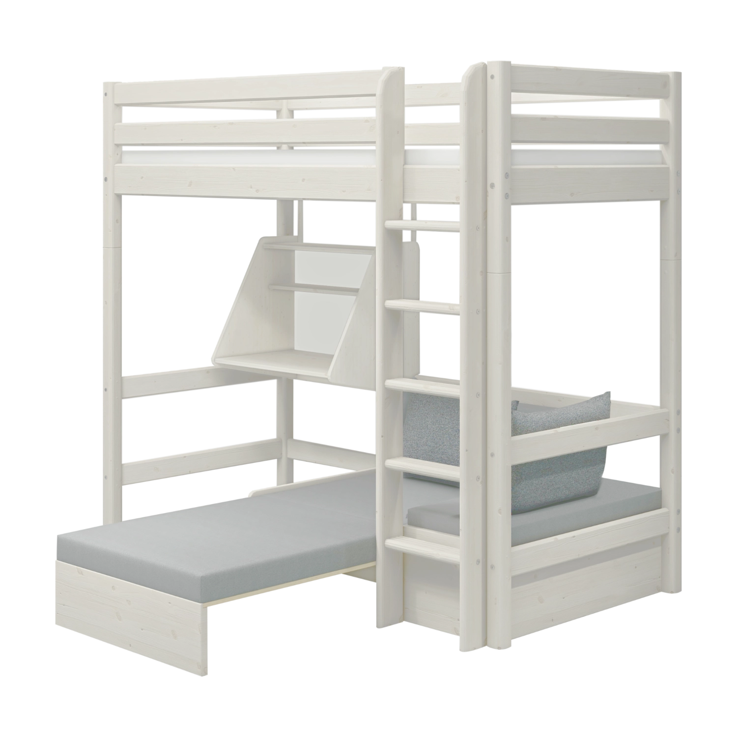 FLEXA WHITE collection high sleeper bed with ladder, desk, sofa bed, and safety rail; child’s room setting.