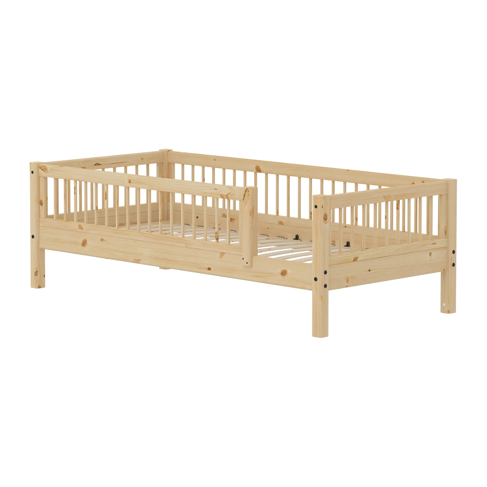 Single Bed with Safety Rails, 90x200 cm, Pine SINGLE_BED single-bed-with-scandinavian-safety-rail-3-4-front-back-raw  flexa-com.myshopify.com