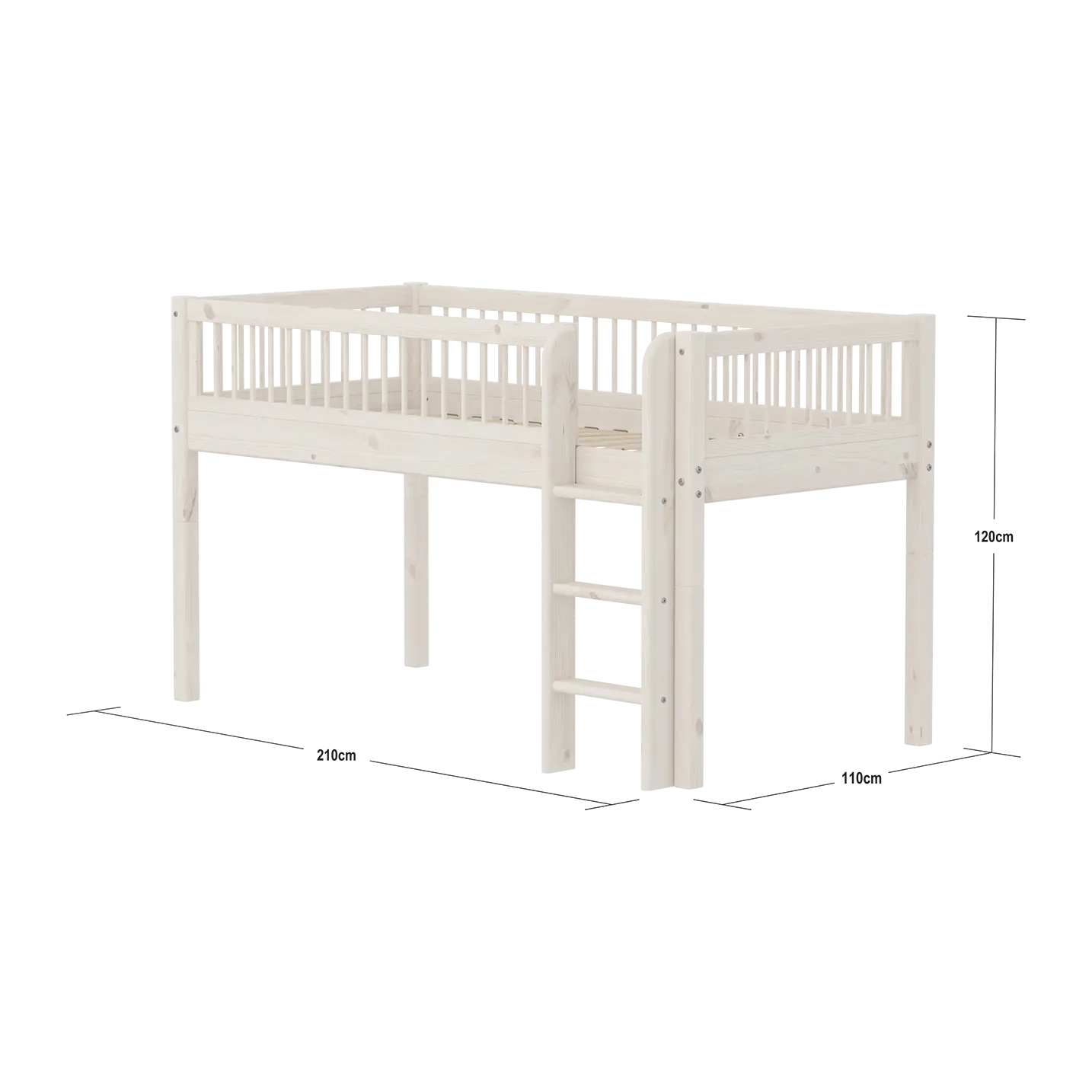 High Bed 120 cm with Safety Rail and Ladder, 90x200 cm, White MID_HIGH-BED mid-high-bed-with-scandinavian-safety-rail-white-washed  flexa-com.myshopify.com