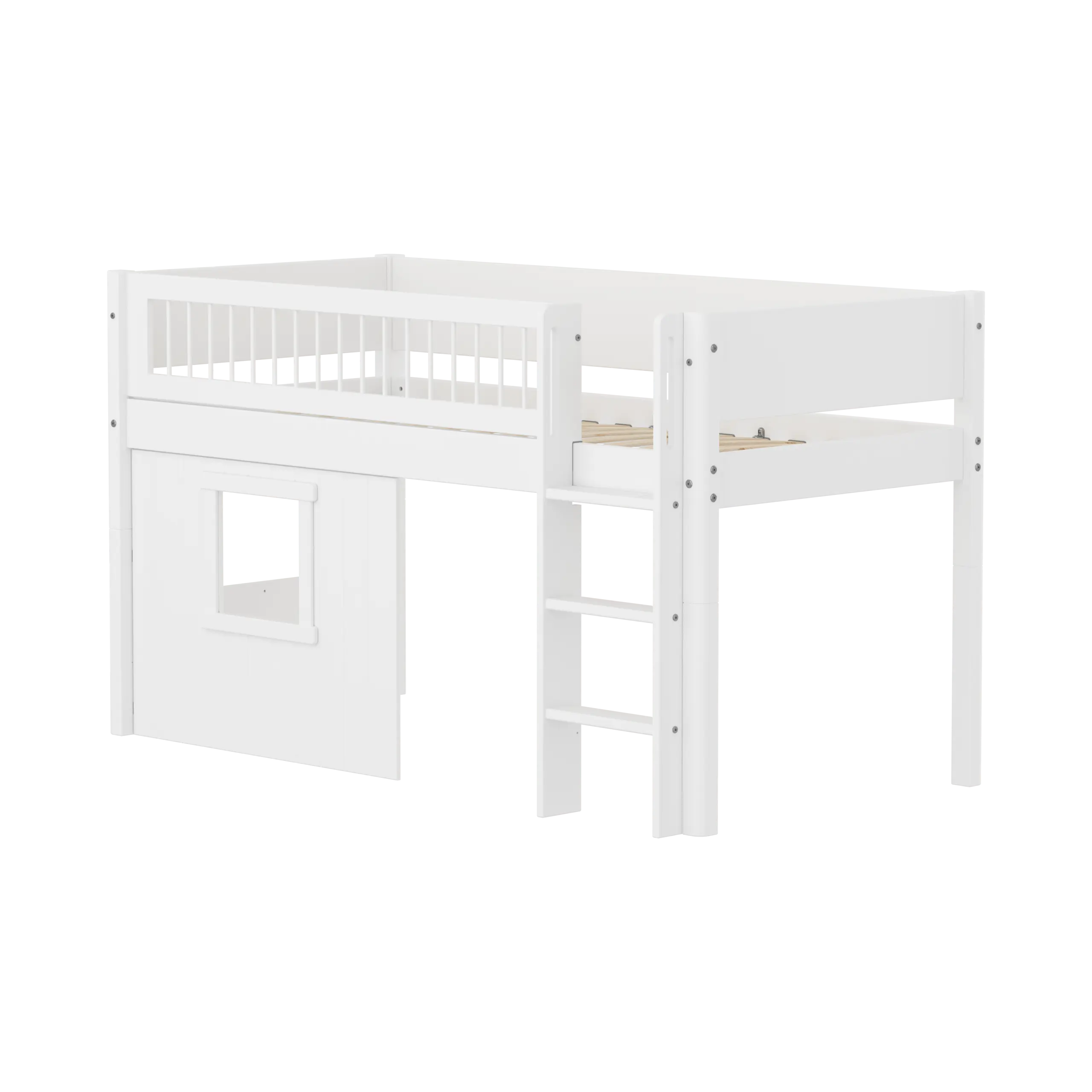 High Bed 120 cm with Treehouse, 90x200 cm, White MID_HIGH-BED mid-sleeper-white-crossbar-str-ladder-tree-hut-wht-window  flexa-com.myshopify.com