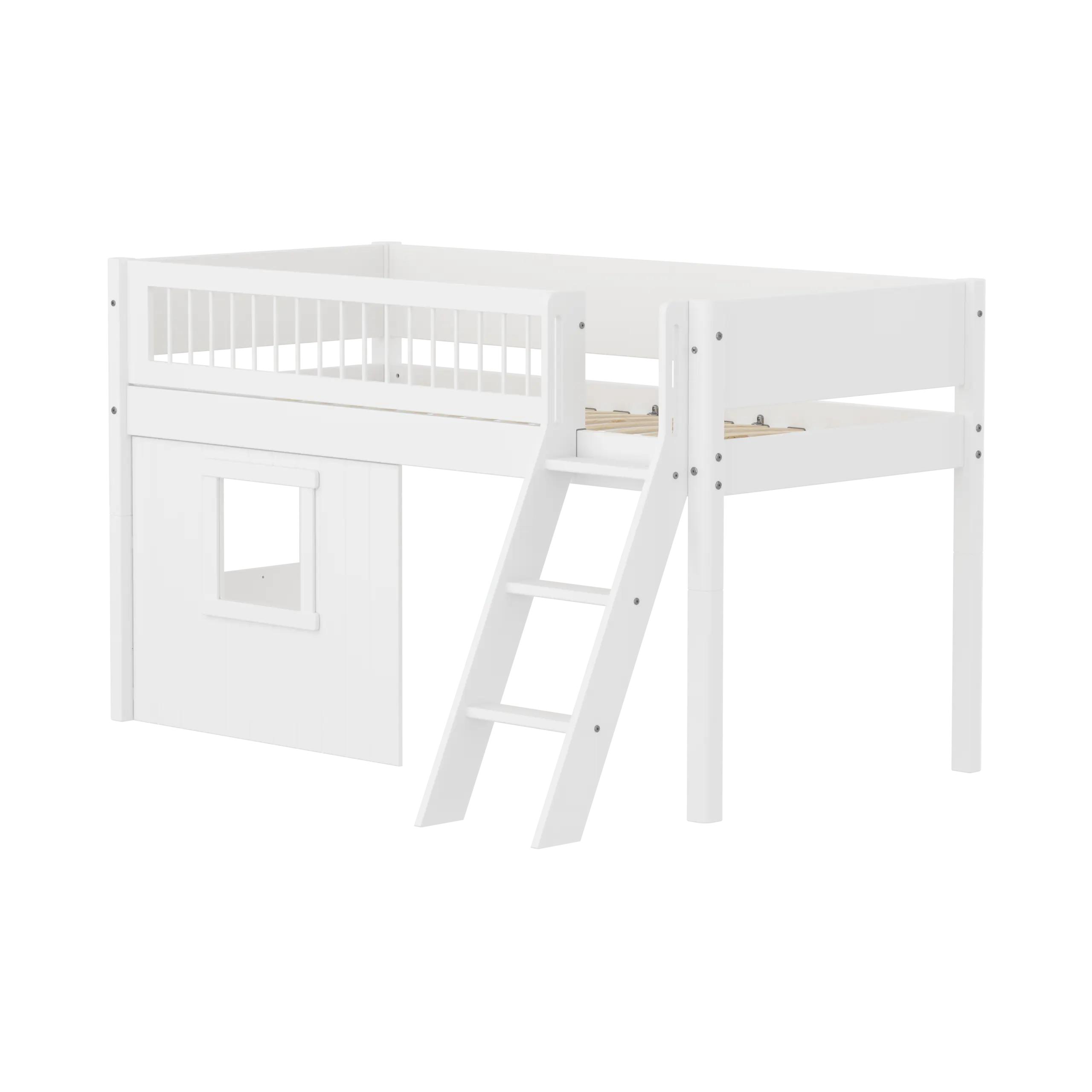 High Bed 120 cm with Treehouse, Ladder and Safety Rail, 90x200, White MID_HIGH-BED mid-sleeper-white-crossbars-sl-ladder-tree-hut-wht-window  flexa-com.myshopify.com