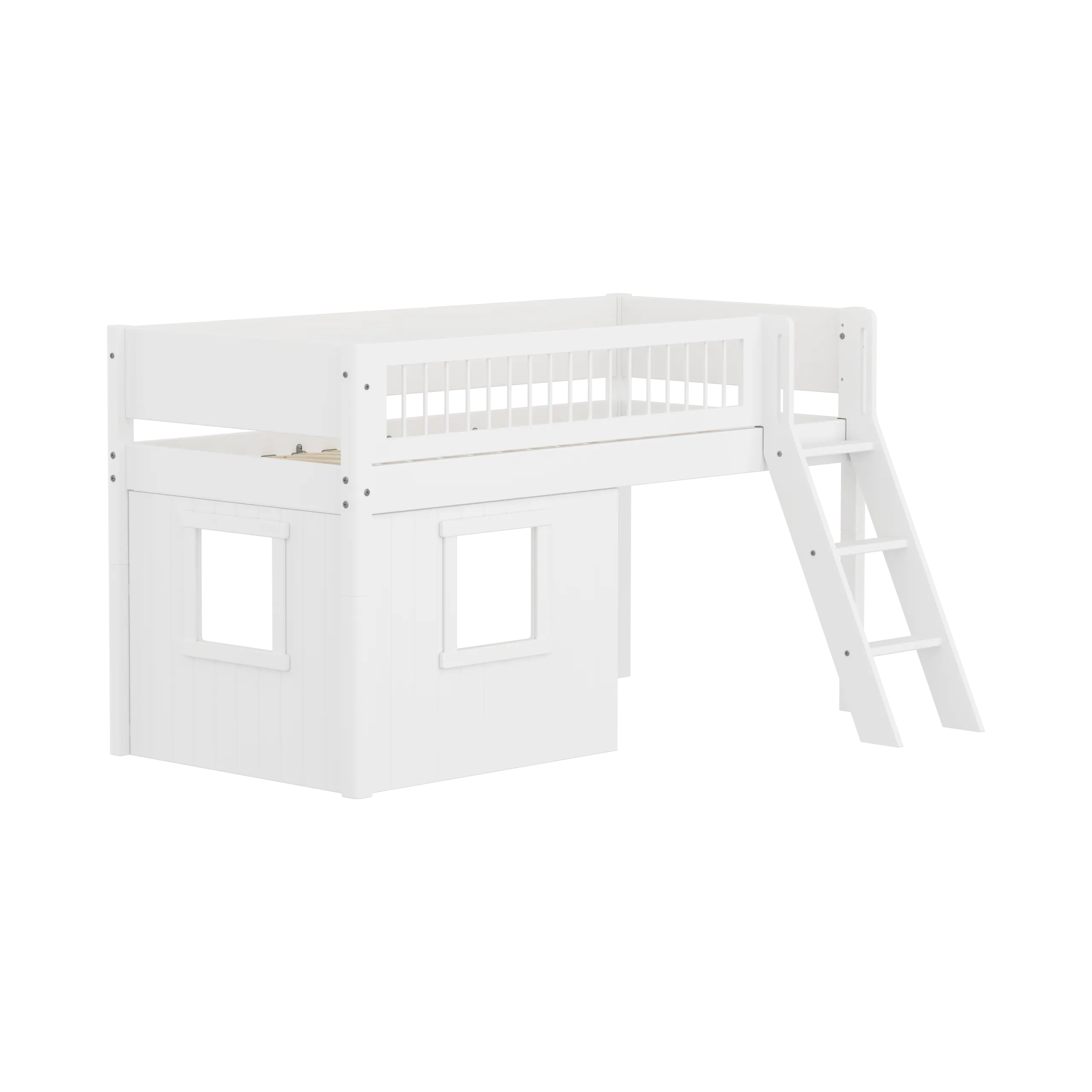 High Bed 120 cm with Treehouse, Ladder and Safety Rail, 90x200, White MID_HIGH-BED mid-sleeper-white-crossbars-sl-ladder-tree-hut-wht-window  flexa-com.myshopify.com