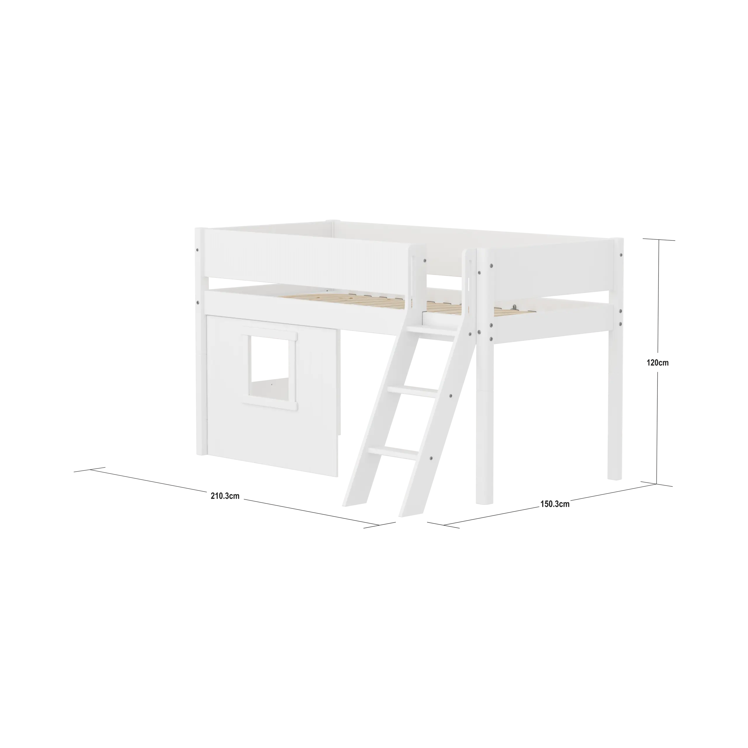 High Bed 120 cm with Treehouse, Ladder and Safety Rail, 90x200, White MID_HIGH-BED mid-sleeper-white-grooves-sl-ladder-tree-hut-wht-window  flexa-com.myshopify.com