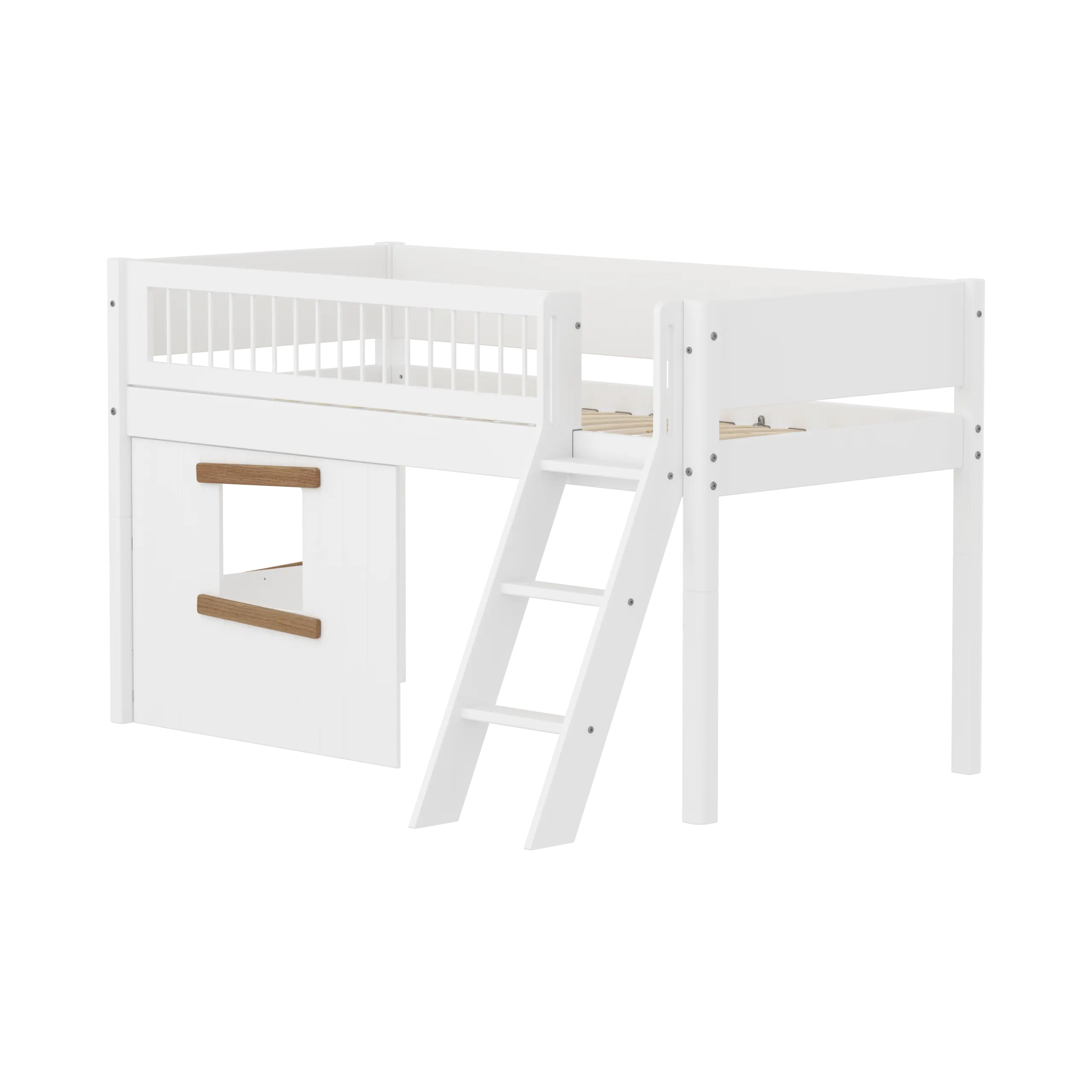 High Bed 120 cm with Treehouse, Ladder and Safety Rail, 90x200, White/Oak MID_HIGH-BED mid-sleeper-white-crossbars-sl-ladder-tree-hut-oak-window  flexa-com.myshopify.com