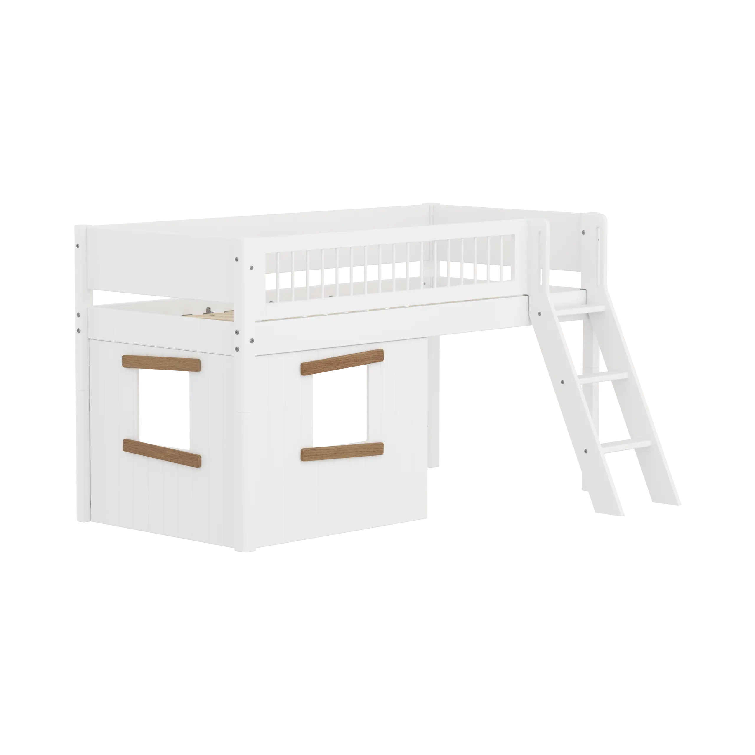 High Bed 120 cm with Treehouse, Ladder and Safety Rail, 90x200, White/Oak MID_HIGH-BED mid-sleeper-white-crossbars-sl-ladder-tree-hut-oak-window  flexa-com.myshopify.com