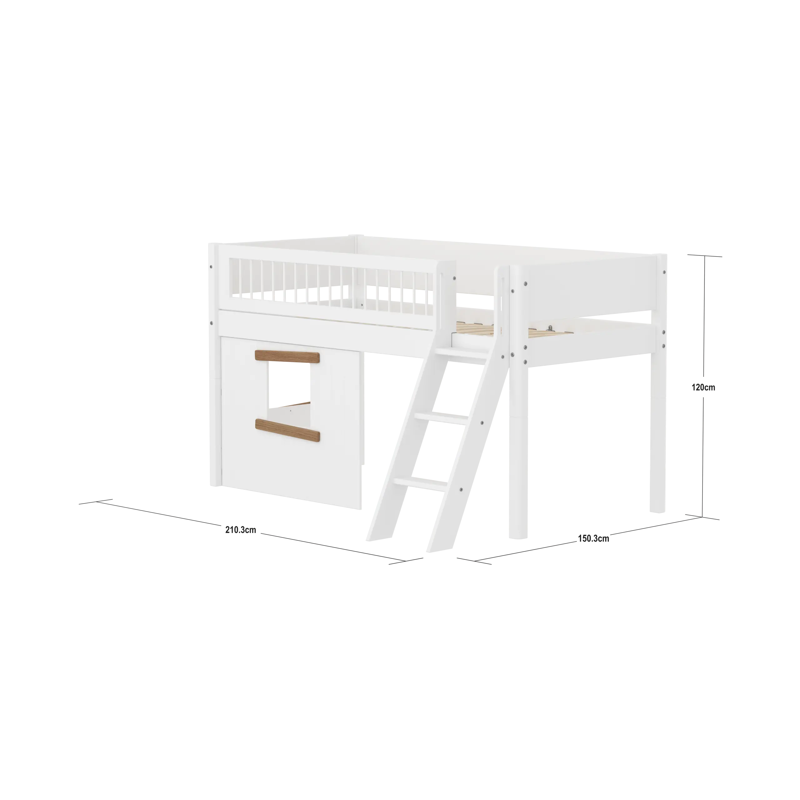 High Bed 120 cm with Treehouse, Ladder and Safety Rail, 90x200, White/Oak MID_HIGH-BED mid-sleeper-white-crossbars-sl-ladder-tree-hut-oak-window  flexa-com.myshopify.com