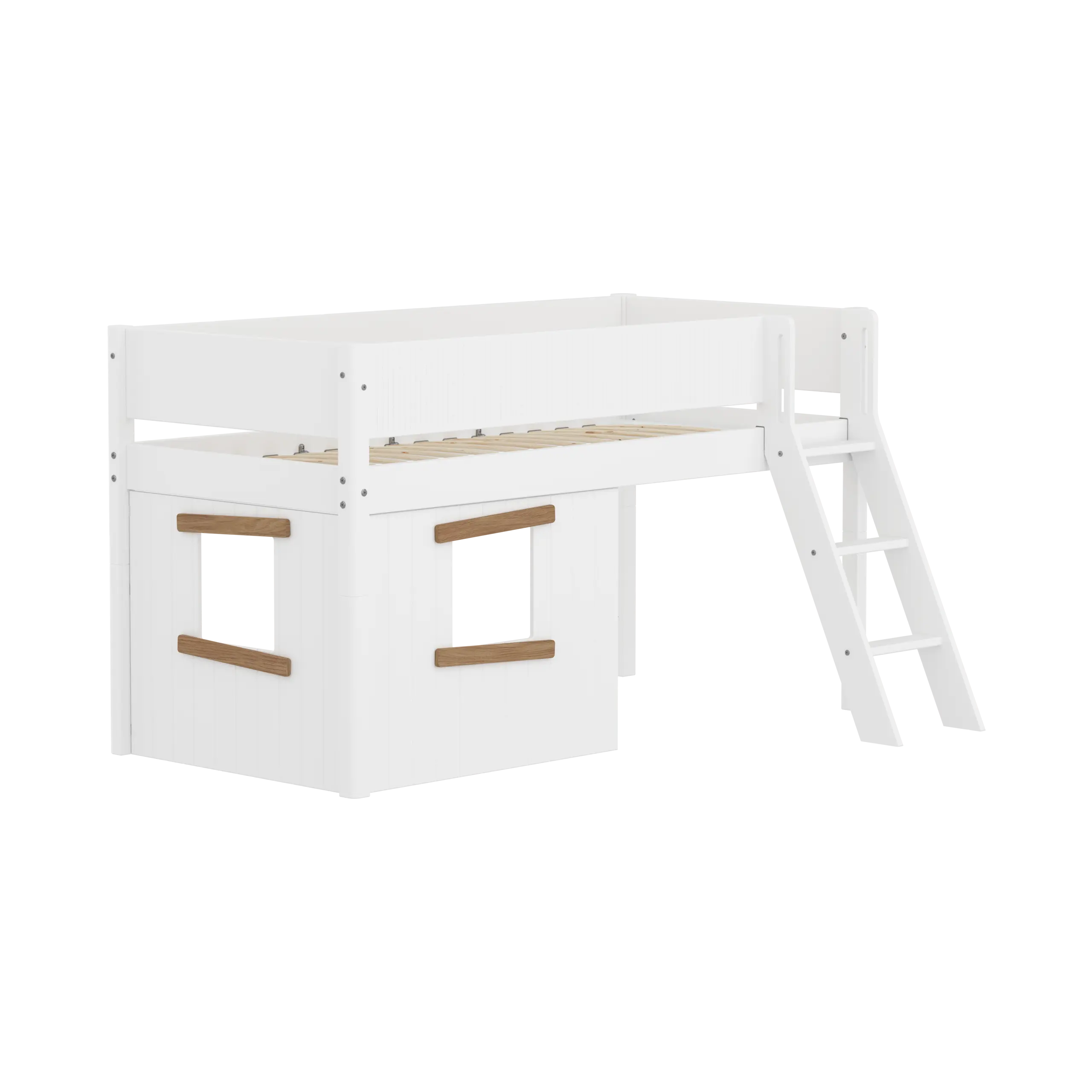 High Bed 120 cm with Treehouse, Ladder and Safety Rail, 90x200, White/Oak MID_HIGH-BED mid-sleeper-white-grooves-sl-ladder-tree-hut-oak-window  flexa-com.myshopify.com
