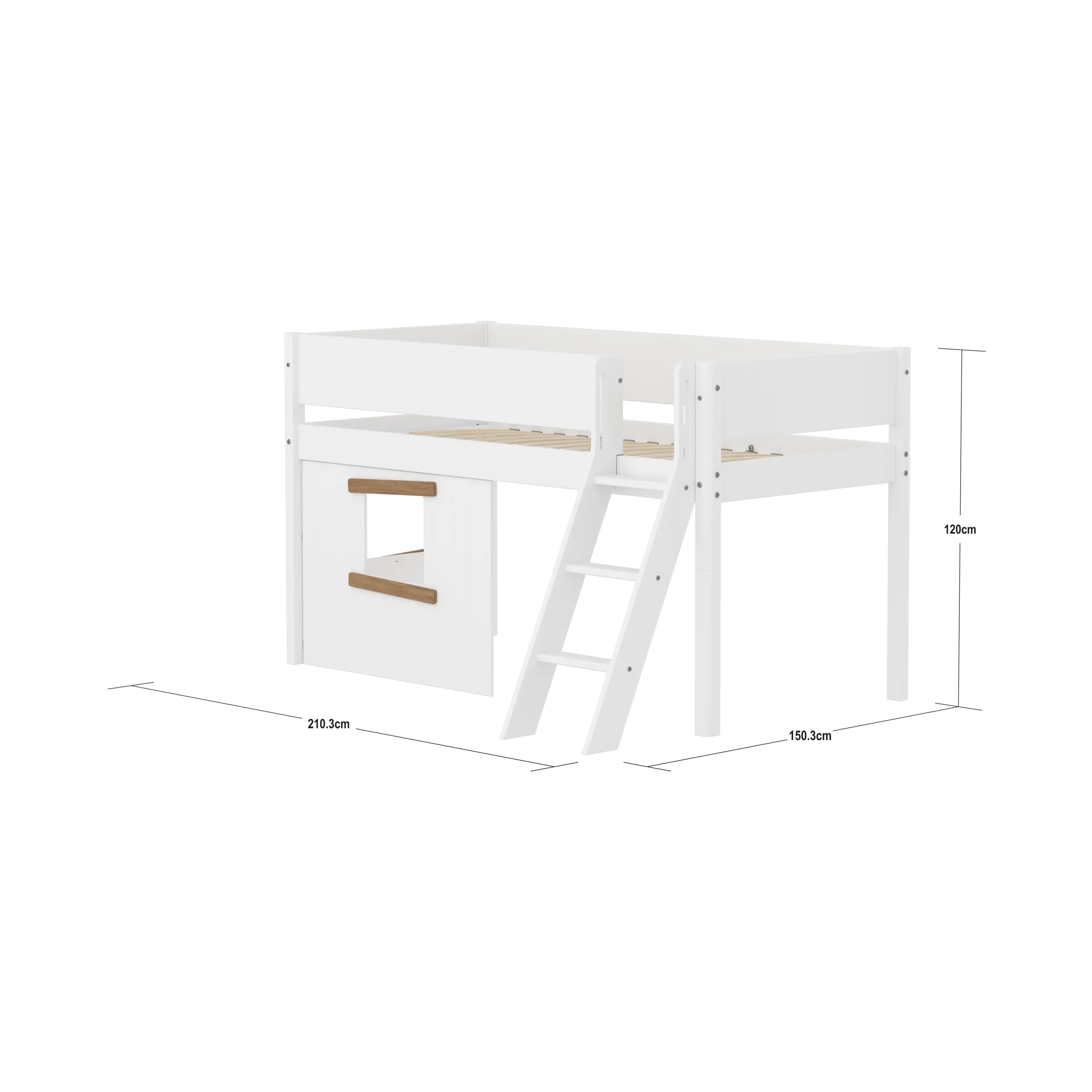 High Bed 120 cm with Treehouse, Ladder and Safety Rail, 90x200, White/Oak MID_HIGH-BED mid-sleeper-white-grooves-sl-ladder-tree-hut-oak-window  flexa-com.myshopify.com