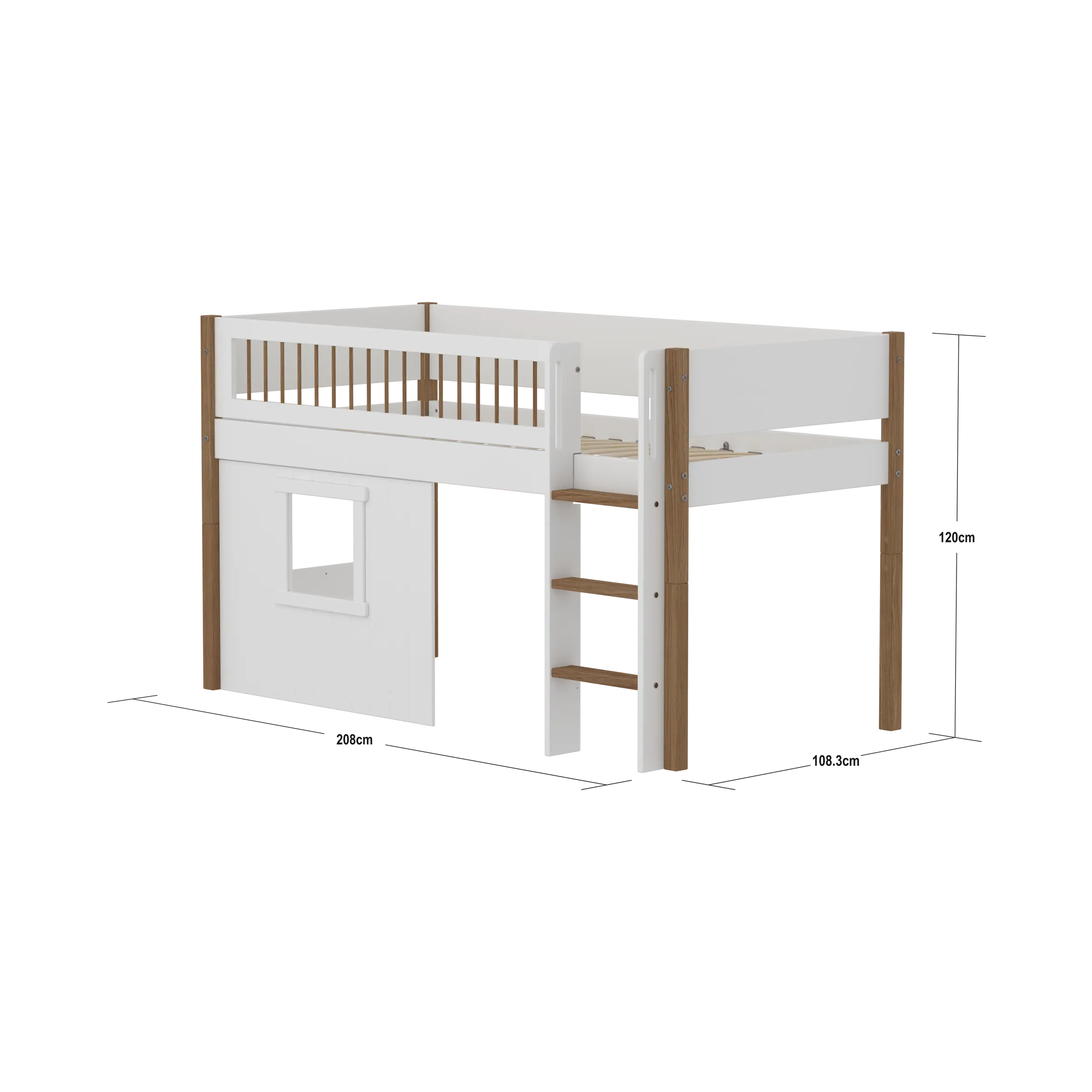 High Bed 120 cm with Treehouse, Ladder and Safety Rail, 90x200 cm, White/Oak MID_HIGH-BED mid-sleeper-nor-crossbars-str-ladder-tree-hut-wht-window  flexa-com.myshopify.com